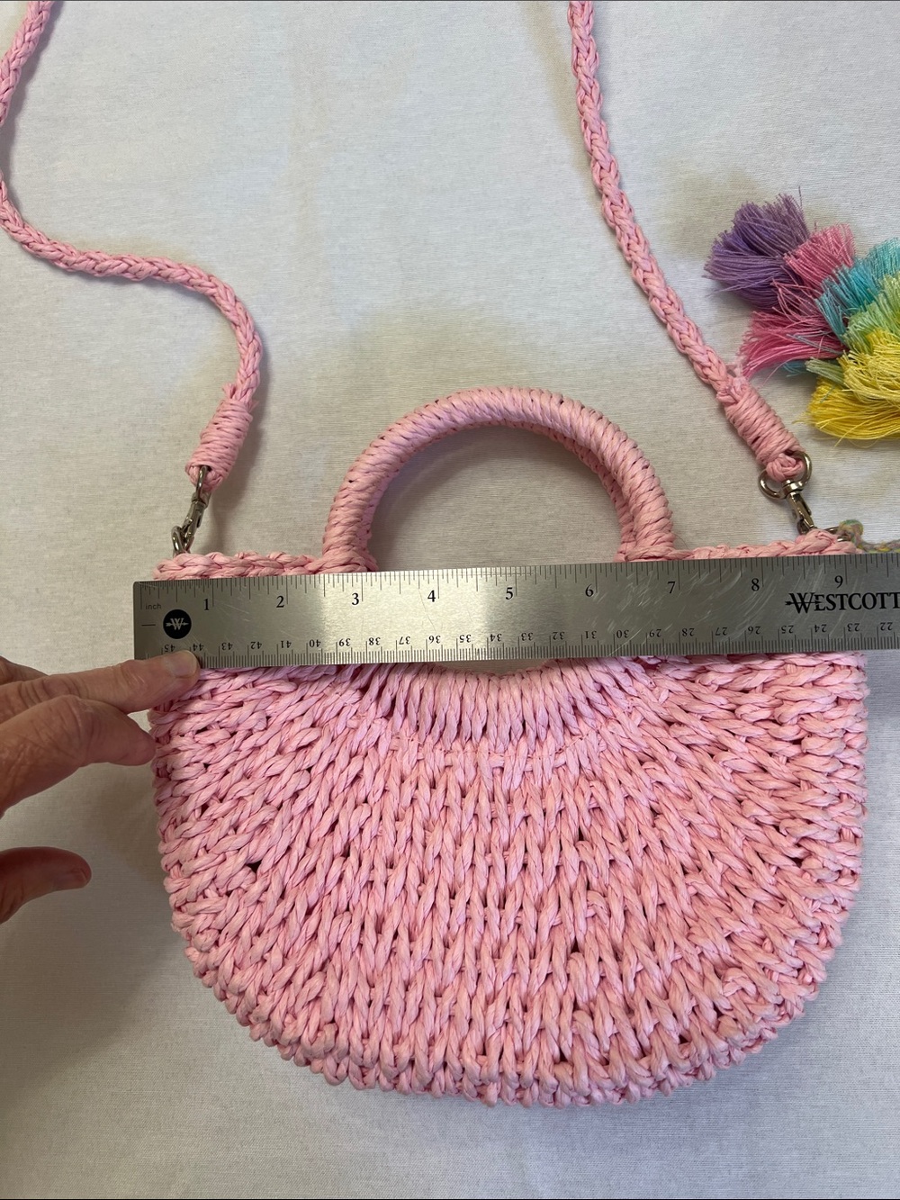 Most Wanted USA Pastel Pink Straw Top Handle Crossbody Boho Bag Tassels PomPom - Picture 9 of 12